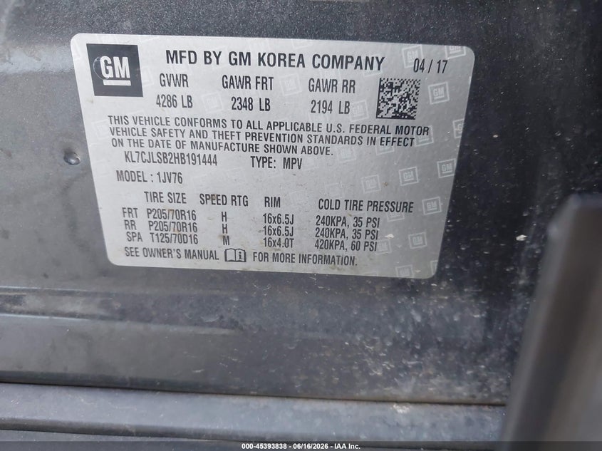 2017 Chevrolet Trax VIN KL7CJLSB2HB191444 IAAI salvage auction — NORMAL WEAR, Original (Texas), sold $1,025 on 2026-07-27 (photo 9)