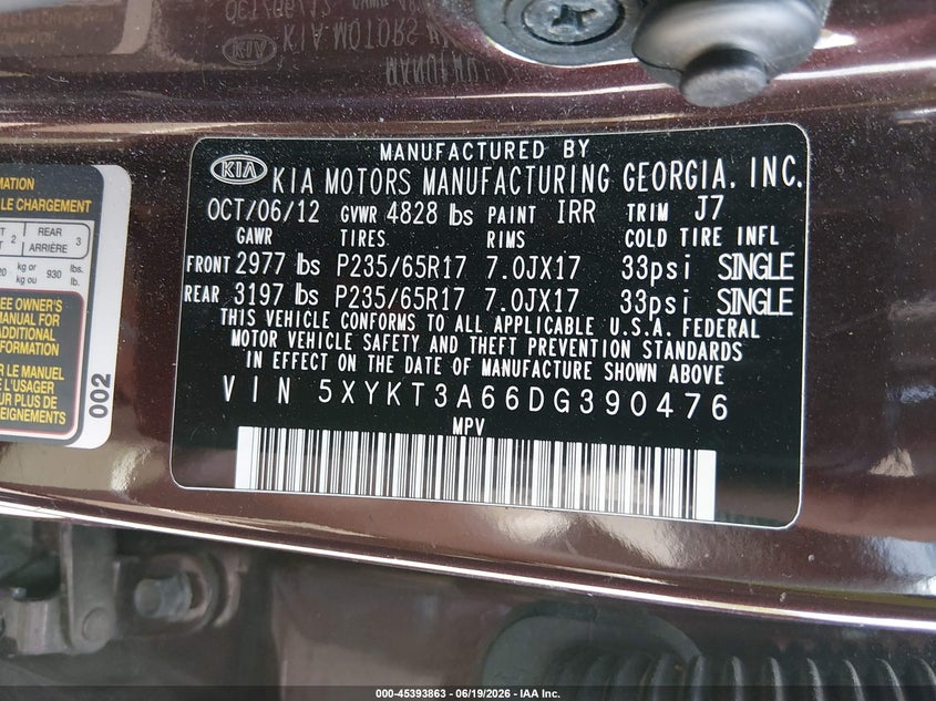 2013 Kia Sorento VIN 5XYKT3A66DG390476 IAAI salvage auction — RIGHT REAR, Salvage Title, sold $1,050 on 2026-07-22 (photo 9)