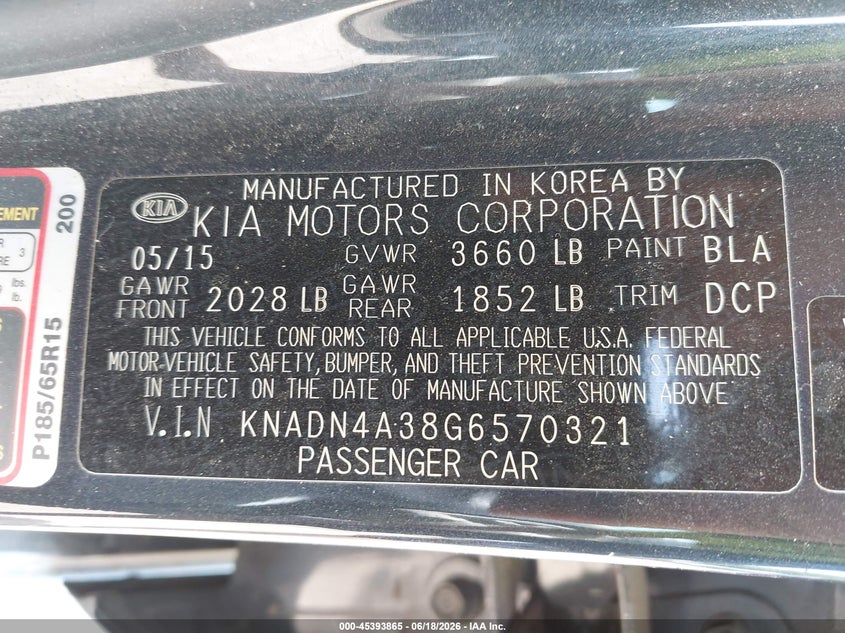 2016 Kia Rio VIN KNADN4A38G6570321 IAAI salvage auction — FRONT END, Salvage (Tennessee), sold $450 on 2026-07-15 (photo 9)