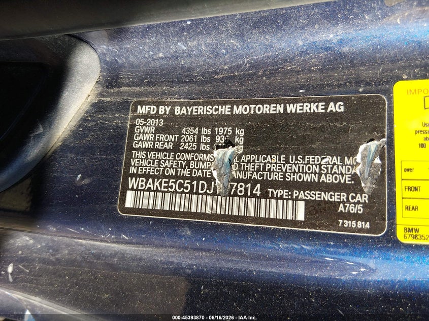 2013 BMW 3er VIN WBAKE5C51DJ107814 IAAI salvage auction — FRONT & REAR, Salvage Title, sold $175 on 2026-07-28 (photo 9)