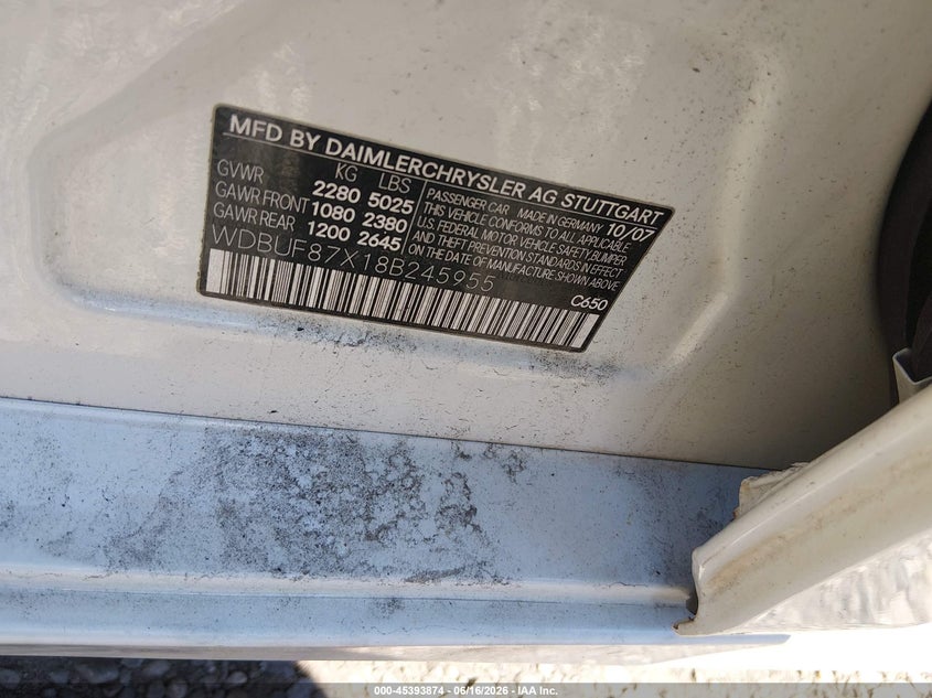 2008 Mercedes-benz E-class VIN WDBUF87X18B245955 IAAI salvage auction — FRONT & REAR, Bill Of Sale (New York), sold $25 on 2026-08-11 (photo 9)