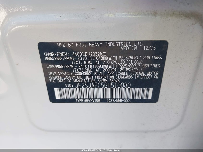 2016 Subaru Forester VIN JF2SJAFC5GH510080 IAAI salvage auction — FRONT END, Salvage (North Carolina), sold $1,900 on 2026-08-02 (photo 9)