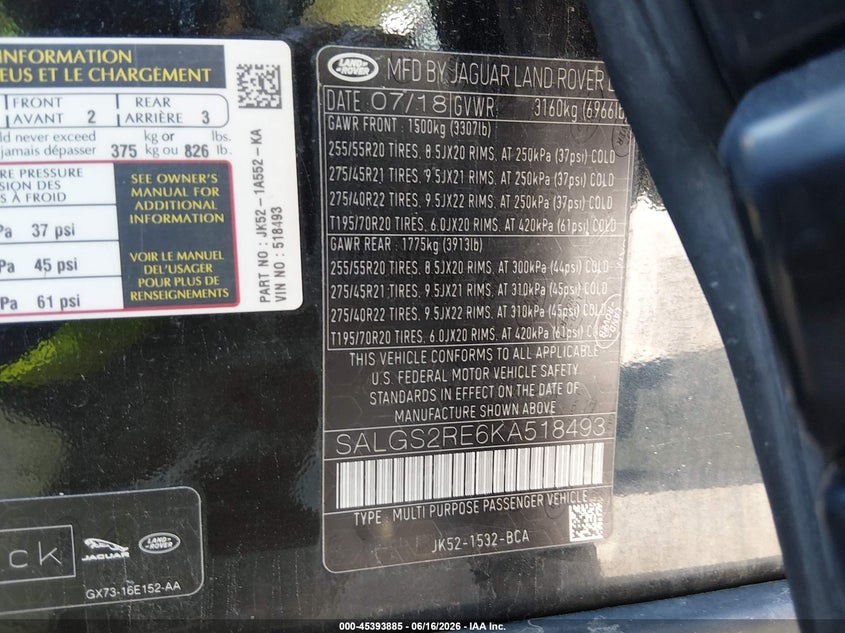 2019 Land rover RANGE ROVER VIN SALGS2RE6KA518493 IAAI salvage auction — FRONT END, Salvage (Vermont), sold $7,100 on 2026-07-29 (photo 9)