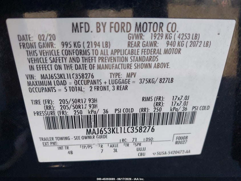 2020 Ford Ecosport VIN MAJ6S3KL1LC358276 IAAI salvage auction — FRONT END, Rebuildable (Florida), sold $650 on 2026-07-13 (photo 9)