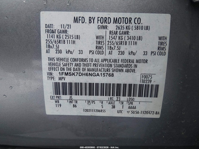 2022 Ford Explorer VIN 1FMSK7DH6NGA15768 IAAI salvage auction — REAR END, Salvage (Louisiana), sold $7,150 on 2026-07-29 (photo 9)