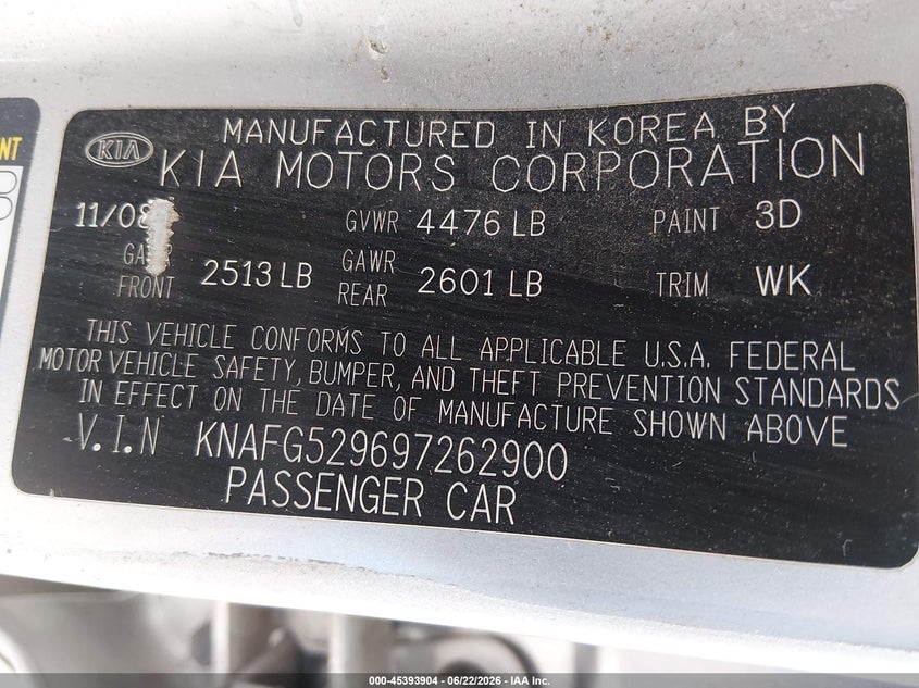 2009 Kia Rondo VIN KNAFG529697262900 IAAI salvage auction — RIGHT REAR, Salvage (Kansas), sold $325 on 2026-07-24 (photo 9)