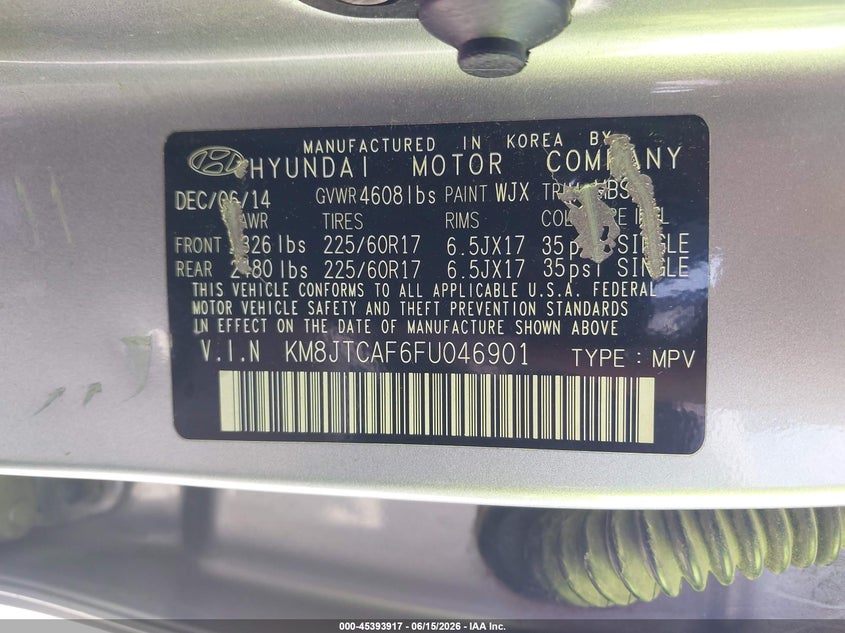 2015 Hyundai Tucson VIN KM8JTCAF6FU046901 IAAI salvage auction — FRONT & REAR, Clear (Indiana), sold $2,050 on 2026-07-07 (photo 9)