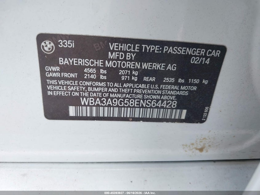 2014 BMW 3er VIN WBA3A9G58ENS64428 IAAI salvage auction — FRONT END, Salvage (Idaho), sold $4,300 on 2026-07-31 (photo 9)