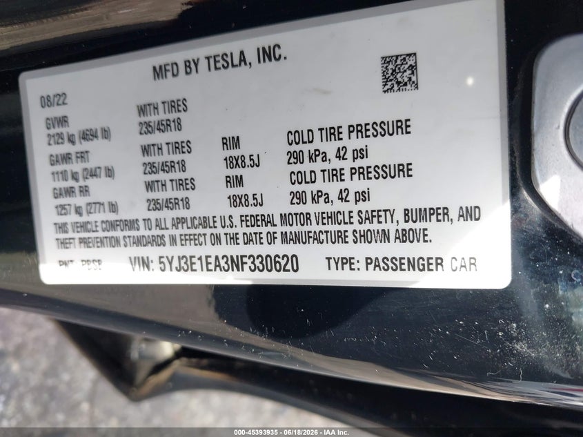 2022 Tesla Model 3 VIN 5YJ3E1EA3NF330620 IAAI salvage auction — LEFT FRONT, Salvage (Georgia), sold $5,800 on 2026-07-19 (photo 9)