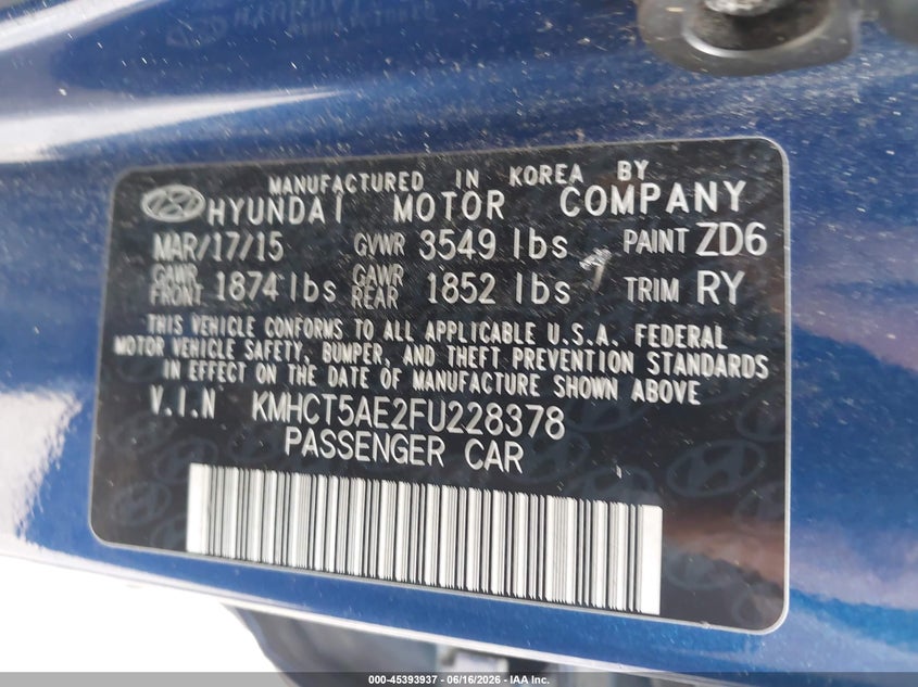 2015 Hyundai Accent VIN KMHCT5AE2FU228378 IAAI salvage auction — FRONT END, Clear (Indiana), sold $300 on 2026-07-29 (photo 9)
