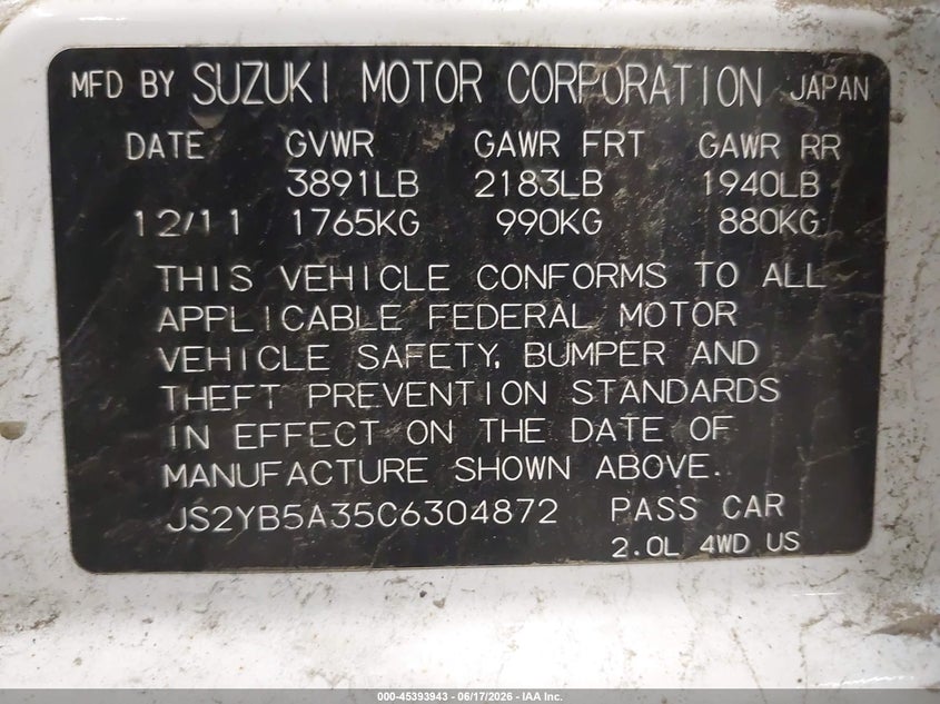 2012 Suzuki Sx4 VIN JS2YB5A35C6304872 IAAI salvage auction — NORMAL WEAR, Salvage Title, sold $325 on 2026-07-21 (photo 9)