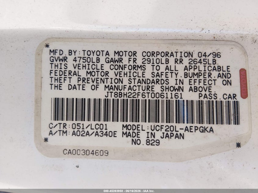 1996 Lexus Ls 400 VIN JT8BH22F6T0061161 IAAI salvage auction — LEFT SIDE, Salvage (Pennsylvania), sold $425 on 2026-07-08 (photo 9)