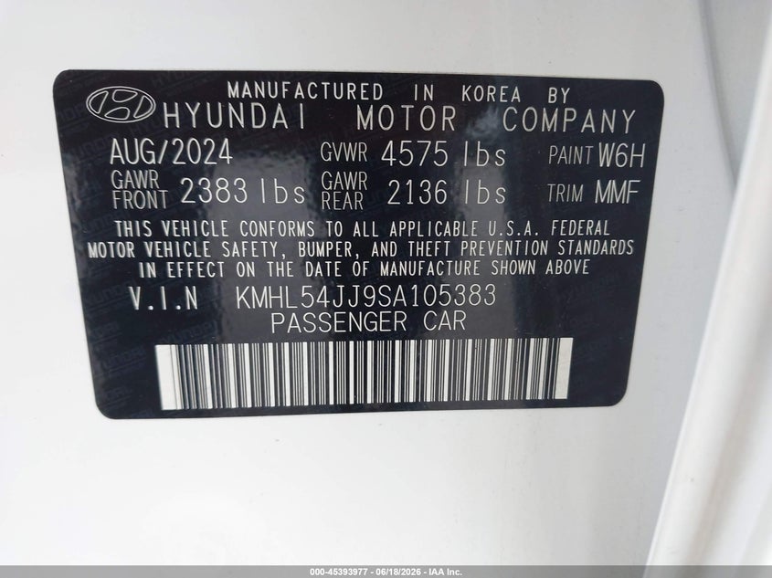 2025 Hyundai Sonata VIN KMHL54JJ9SA105383 IAAI salvage auction — FRONT END, Salvage (Illinois), sold $12,200 on 2026-07-21 (photo 9)