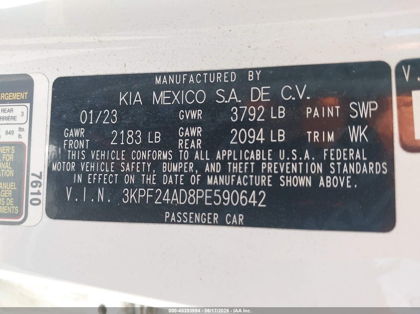 2023 Kia Forte VIN 3KPF24AD8PE590642 IAAI salvage auction — LEFT FRONT, Salvage (Pennsylvania), sold $3,400 on 2026-07-20 (photo 9)