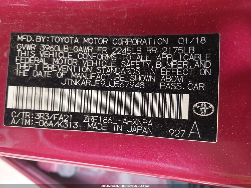 2018 Toyota Corolla VIN JTNKARJE9JJ567948 IAAI salvage auction — ALL OVER, Salvage Title, sold $425 on 2026-07-29 (photo 9)