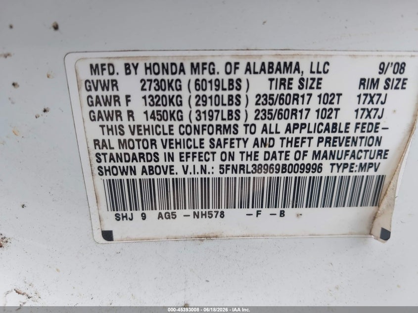 2009 Honda Odyssey VIN 5FNRL38969B009996 IAAI salvage auction — FRONT END, Salvage (North Carolina), sold $250 on 2026-07-09 (photo 9)