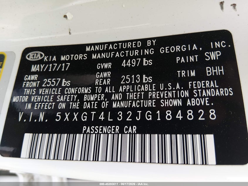 2018 Kia Optima VIN 5XXGT4L32JG184828 IAAI salvage auction — REAR END, Salvage (Mississippi), sold $2,450 on 2026-07-16 (photo 9)