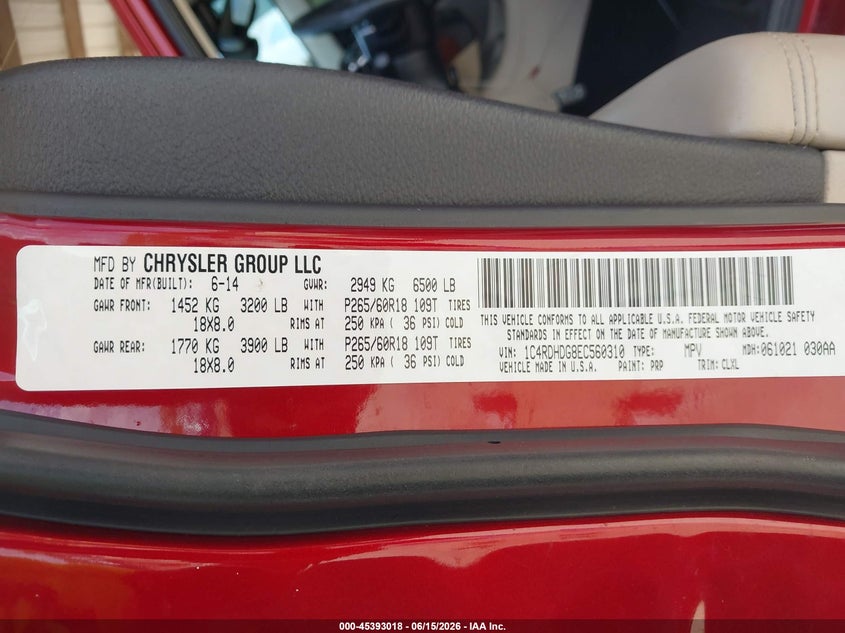 2014 Dodge Durango VIN 1C4RDHDG8EC560310 IAAI salvage auction — REAR END, Salvage Title, sold $1,250 on 2026-08-23 (photo 9)