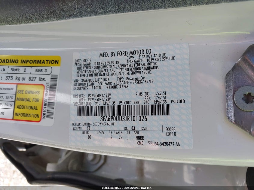 2018 Ford Fusion VIN 3FA6P0UU3JR101026 IAAI salvage auction — NORMAL WEAR, SF97 (Virginia), sold $12,050 on 2026-07-22 (photo 9)