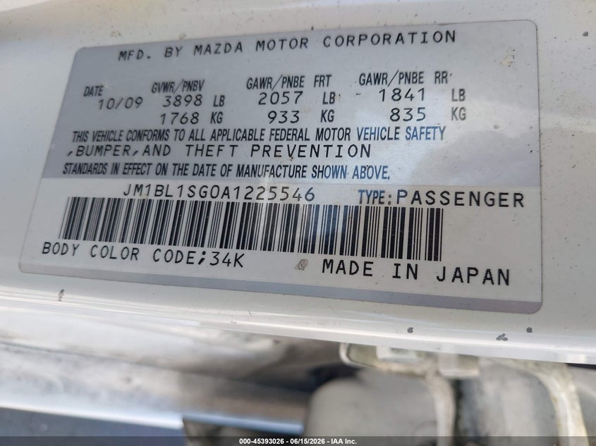 2010 Mazda 3 VIN JM1BL1SG0A1225546 IAAI salvage auction — NORMAL WEAR, Clear - Dealer Only (California), sold $350 on 2026-07-13 (photo 9)