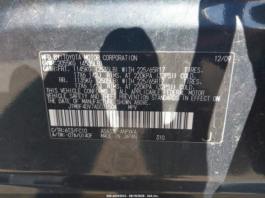 2010 Toyota Rav4 VIN JTMBF4DV7AD031504 IAAI salvage auction — FRONT END, Clear (Wisconsin), sold $1,950 on 2026-07-16 (photo 9)