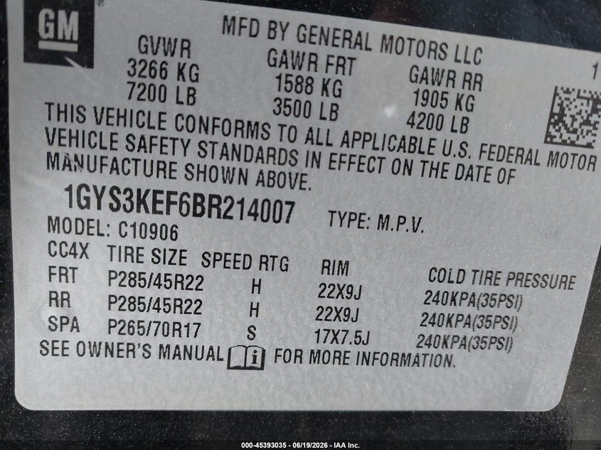 2011 Cadillac Escalade VIN 1GYS3KEF6BR214007 IAAI salvage auction — FRONT END, Salvage (Texas), sold $1,200 on 2026-08-21 (photo 9)