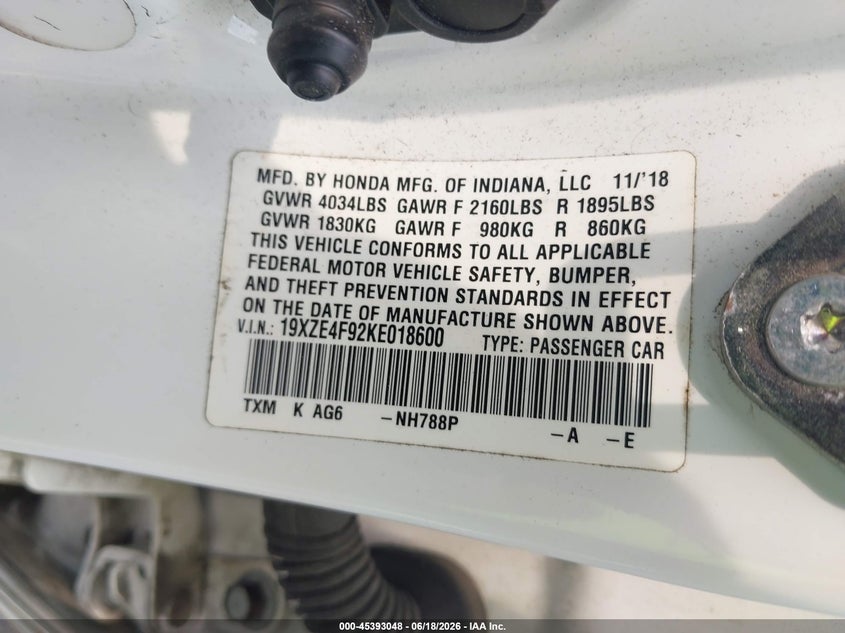 2019 Honda Insight VIN 19XZE4F92KE018600 IAAI salvage auction — REAR END, Rebuildable (Florida), sold $3,250 on 2026-07-10 (photo 9)