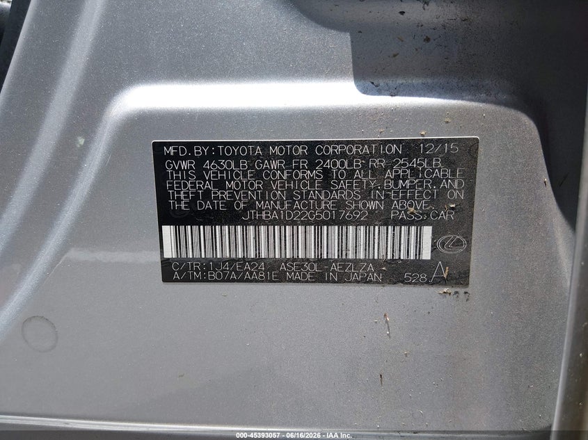 2016 Lexus Is VIN JTHBA1D22G5017692 IAAI salvage auction — SIDE, Clear (Tennessee), sold $4,850 on 2026-07-05 (photo 9)
