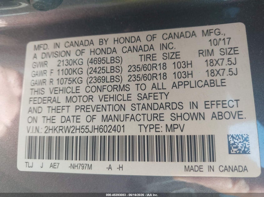 2018 Honda Cr-v VIN 2HKRW2H55JH602401 IAAI salvage auction — REAR END, Salvage Title, sold $7,100 on 2026-07-24 (photo 9)