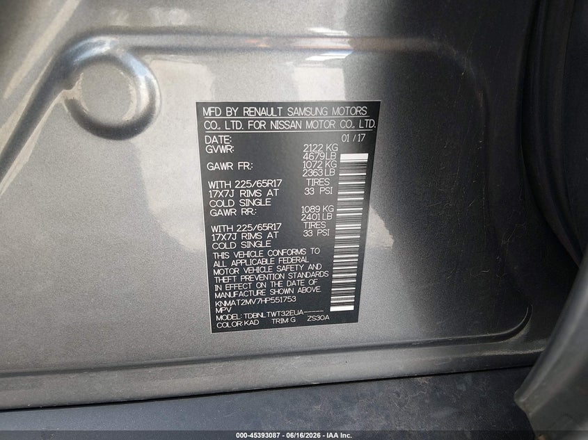 2017 Nissan Rogue VIN KNMAT2MV7HP551753 IAAI salvage auction — FRONT END, Salvage (Illinois), sold $1,325 on 2026-08-01 (photo 9)