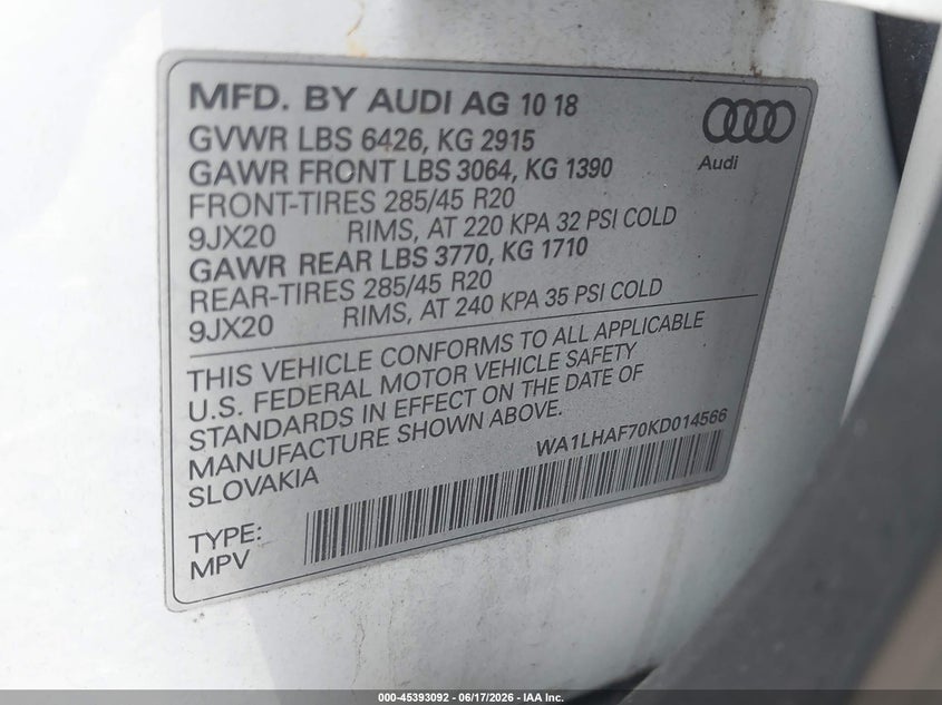 2019 Audi Q7 VIN WA1LHAF70KD014566 IAAI salvage auction — FRONT END, Rebuildable (Florida), sold $15,450 on 2026-07-07 (photo 9)