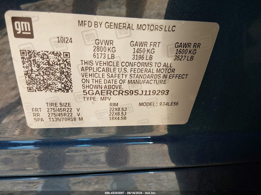 2025 Buick Enclave VIN 5GAERCRS9SJ119293 IAAI salvage auction — HAIL, Clear (Missouri), sold $26,350 on 2026-07-20 (photo 9)