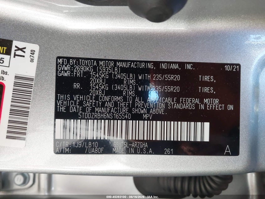 2022 Toyota Highlander VIN 5TDDZRBH6NS165540 IAAI salvage auction — FRONT END, Salvage (Pennsylvania), sold $14,050 on 2026-07-24 (photo 9)