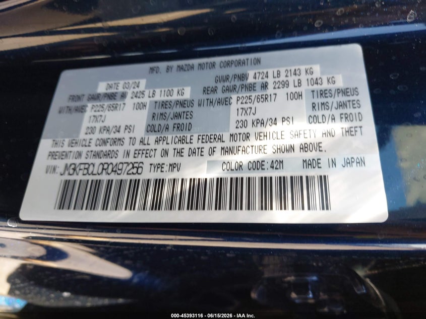 2024 Mazda Cx-5 VIN JM3KFBCL0R0497256 IAAI salvage auction — LEFT FRONT, Salvage (Arizona), sold $10,625 on 2026-07-14 (photo 9)
