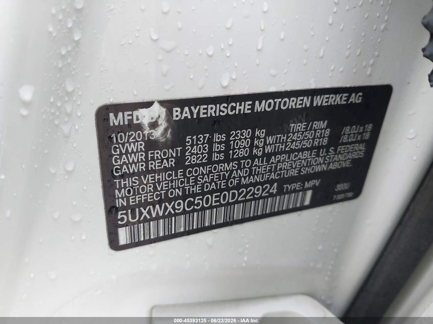 2014 BMW X3 VIN 5UXWX9C50E0D22924 IAAI salvage auction — FRONT END, Salvage Title, sold $825 on 2026-07-20 (photo 9)