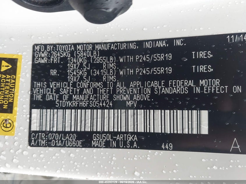 2015 Toyota Highlander VIN 5TDYKRFH6FS054424 IAAI salvage auction — FRONT END, Salvage (Georgia), sold $7,425 on 2026-07-29 (photo 9)