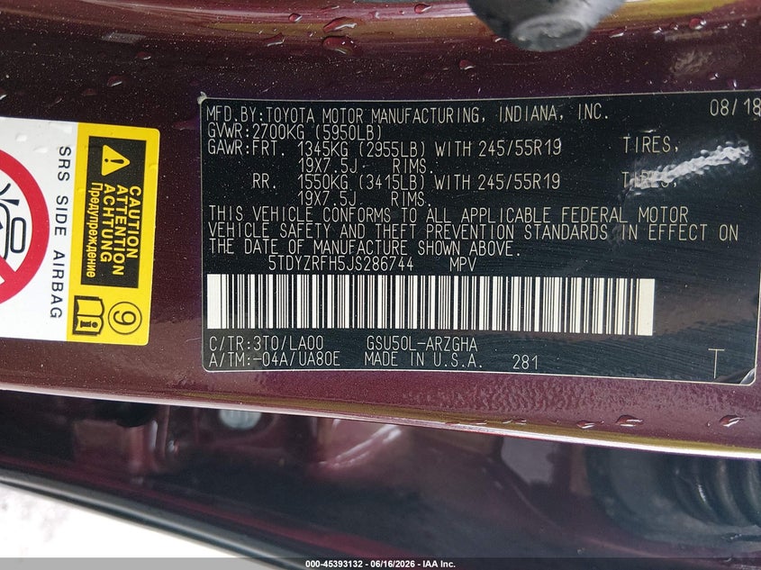 2018 Toyota Highlander VIN 5TDYZRFH5JS286744 IAAI salvage auction — SIDE, Salvage Title, sold $7,800 on 2026-07-29 (photo 9)