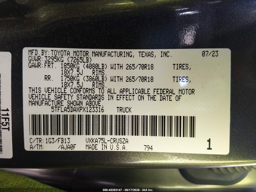 2023 Toyota Tundra VIN 5TFLA5DAXPX123316 IAAI salvage auction — LEFT FRONT, Salvage (Connecticut), sold $18,500 on 2026-07-30 (photo 9)