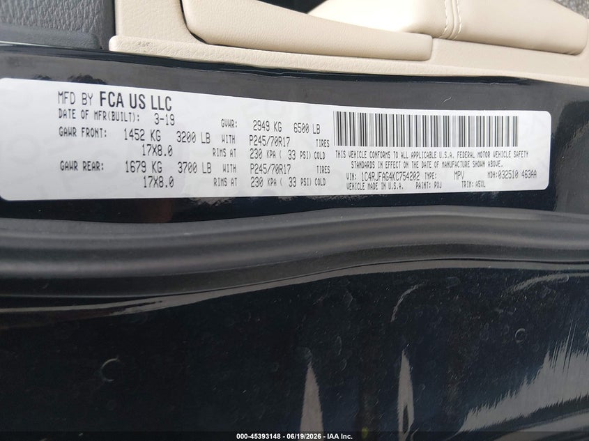 2019 Jeep Grand cherokee VIN 1C4RJFAG4KC754202 IAAI salvage auction — NORMAL WEAR, Sf97 (Maryland), sold $9,550 on 2026-08-31 (photo 9)