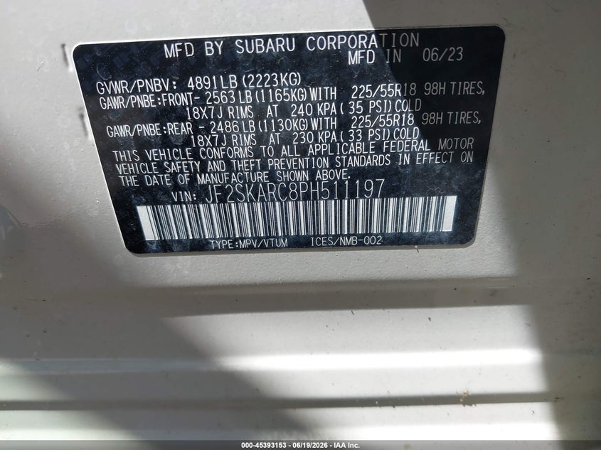 2023 Subaru Forester VIN JF2SKARC8PH511197 IAAI salvage auction — INTERIOR BURN, Salvage (Ohio), sold $12,750 on 2026-07-14 (photo 9)