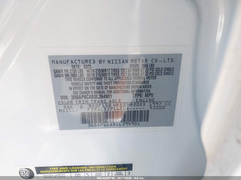 2025 Nissan Kicks VIN 3N8AP6CA8SL394901 IAAI salvage auction — FRONT END, Salvage Title, sold $7,400 on 2026-07-23 (photo 9)