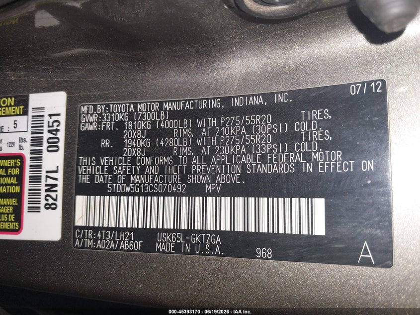 2012 Toyota Sequoia VIN 5TDDW5G13CS070492 IAAI salvage auction — RIGHT SIDE, Salvage (North Dakota), sold $5,250 on 2026-07-24 (photo 9)