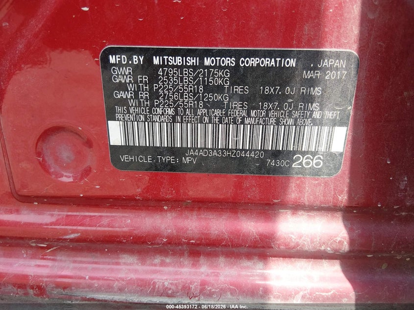 2017 Mitsubishi Outlander VIN JA4AD3A33HZ044420 IAAI salvage auction — REAR END, Salvage Title, sold $1,000 on 2026-07-29 (photo 9)