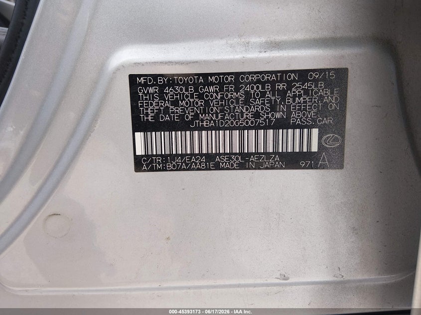 2016 Lexus Is VIN JTHBA1D20G5007517 IAAI salvage auction — FRONT & REAR, Salvage (Louisiana), sold $25 on 2026-07-28 (photo 9)