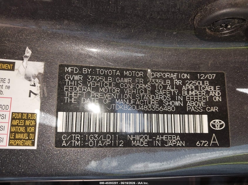 2008 Toyota Prius VIN JTDKB20U483356480 IAAI salvage auction — FRONT END, Junk Bill Of Sale Mv2459 (Wisconsin), sold $275 on 2026-07-29 (photo 9)