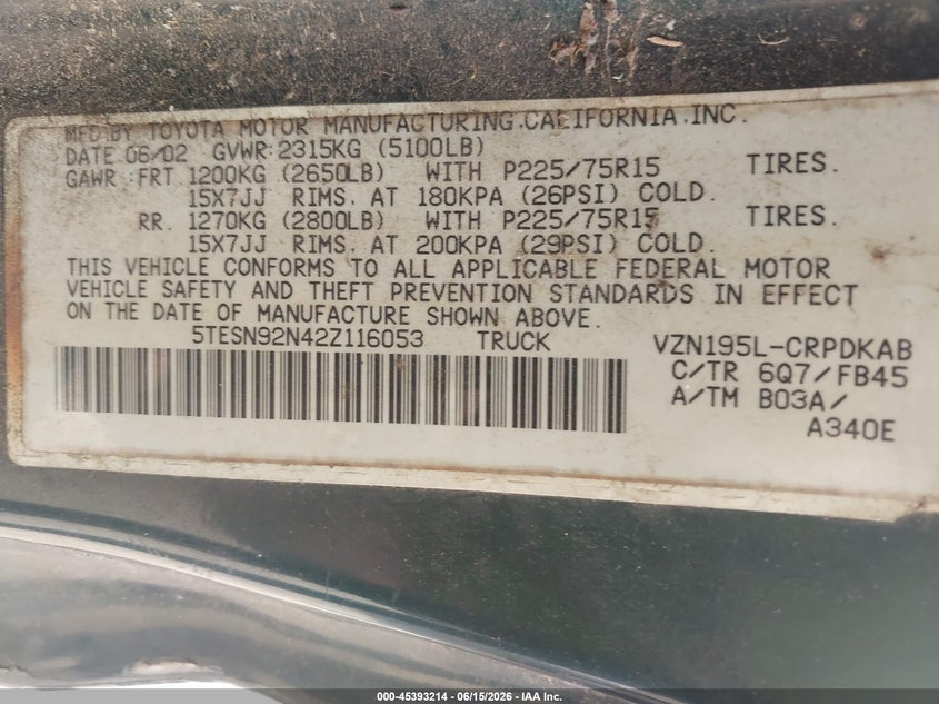 2002 Toyota Tacoma VIN 5TESN92N42Z116053 IAAI salvage auction — FRONT & REAR, Salvage (Georgia), sold $1,275 on 2026-07-16 (photo 9)
