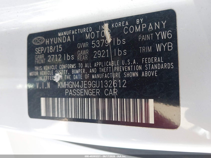 2016 Hyundai Genesis VIN KMHGN4JE9GU132612 IAAI salvage auction — ROOF, Salvage Title, sold $650 on 2026-07-29 (photo 9)