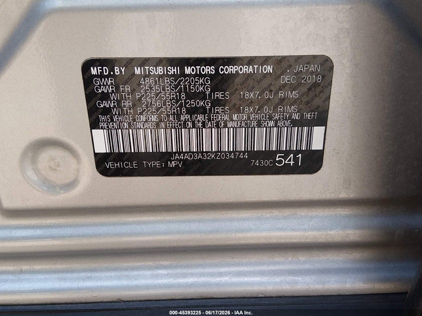 2019 Mitsubishi Outlander VIN JA4AD3A32KZ034744 IAAI salvage auction — RIGHT SIDE, Salvage (New Jersey), sold $2,650 on 2026-07-28 (photo 9)