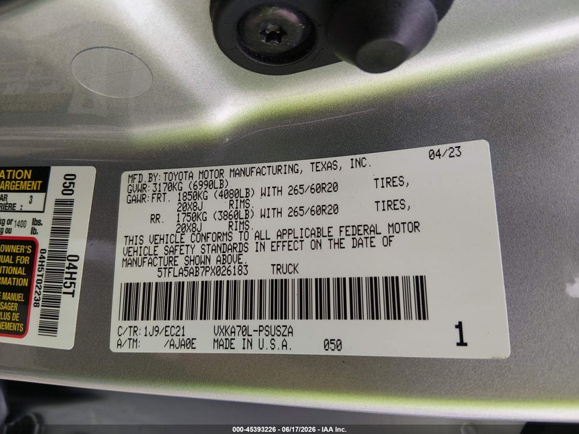 2023 Toyota Tundra VIN 5TFLA5AB7PX026183 IAAI salvage auction — FRONT END, Salvage (Georgia), sold $13,900 on 2026-07-24 (photo 9)