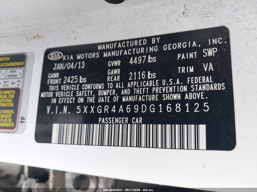 2013 Kia Optima VIN 5XXGR4A69DG168125 IAAI salvage auction — FRONT END, Repossession Paperwork (Georgia), sold $425 on 2026-07-07 (photo 9)